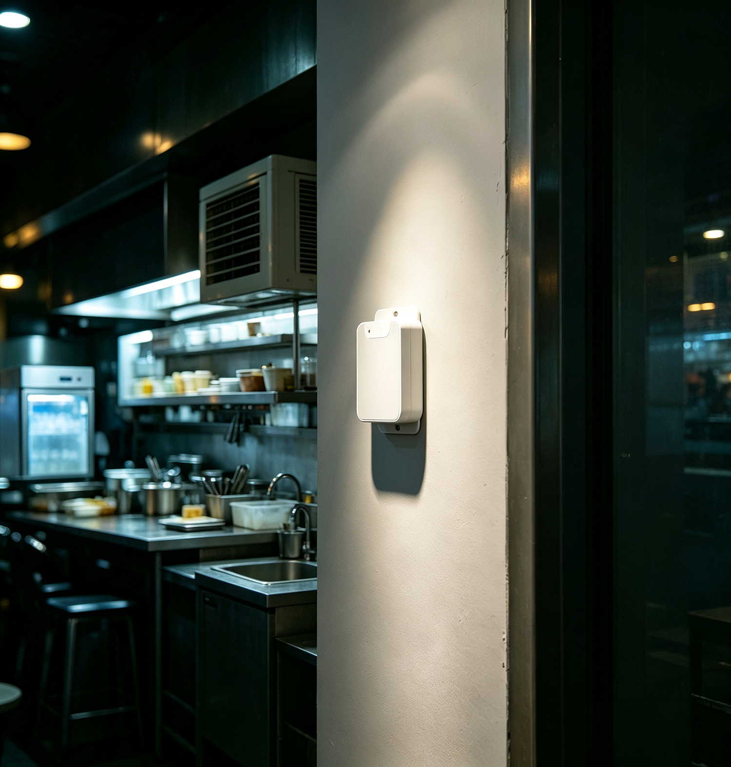 Restaurant kitchen with wall-mounted WSMART temperature sensor