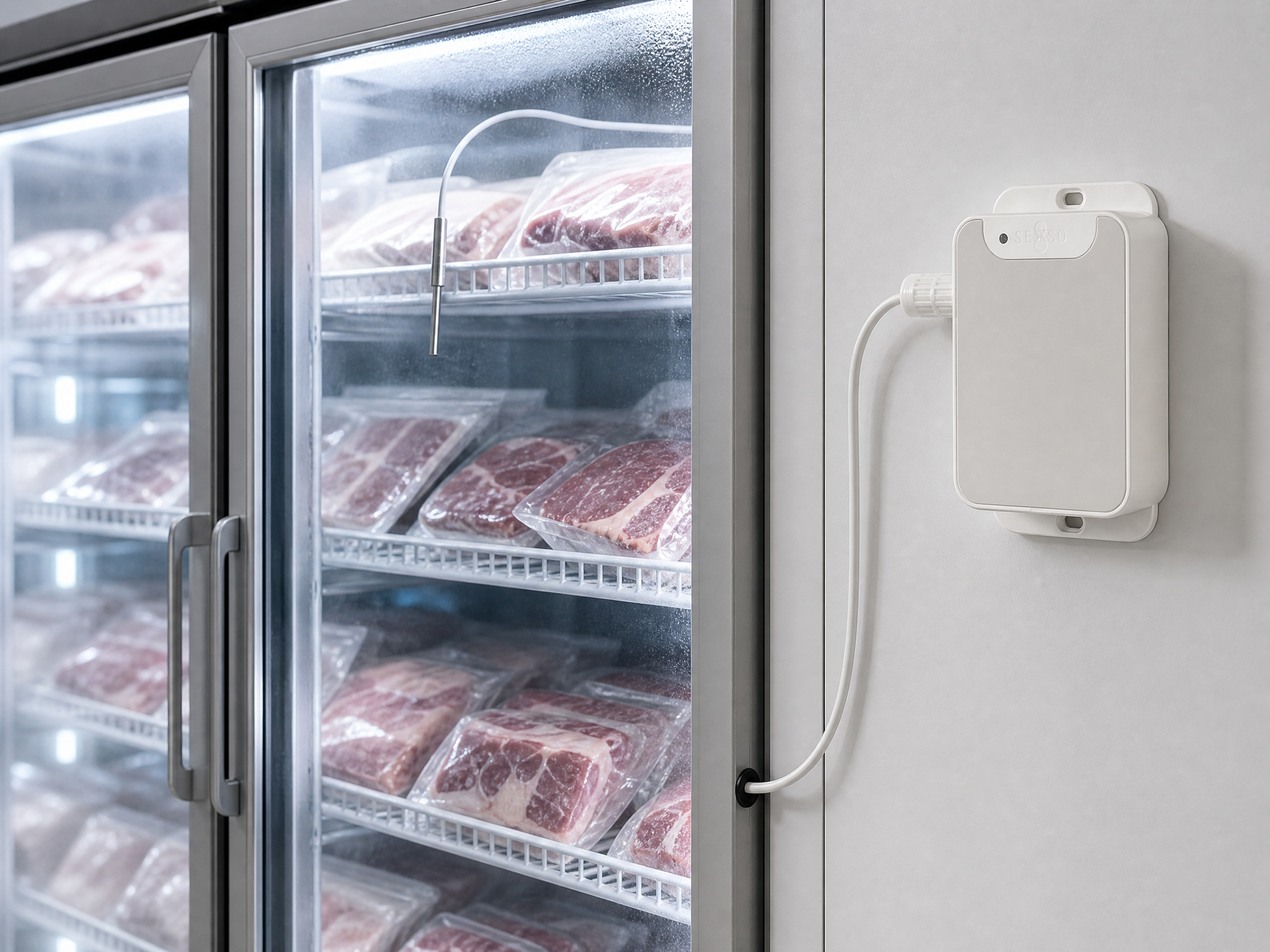 WSMART temperature sensor connected to a PT100 probe inside a frozen-meat shop freezer